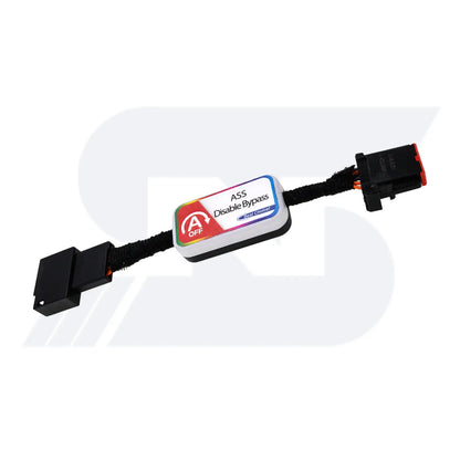 Automotive ASS Disable Bypass module with A/OFF toggle switch, connected via black cables with male and female connectors.