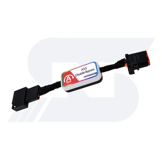 Automotive ASS Disable Bypass module with A/OFF toggle switch, connected via black cables with male and female connectors.