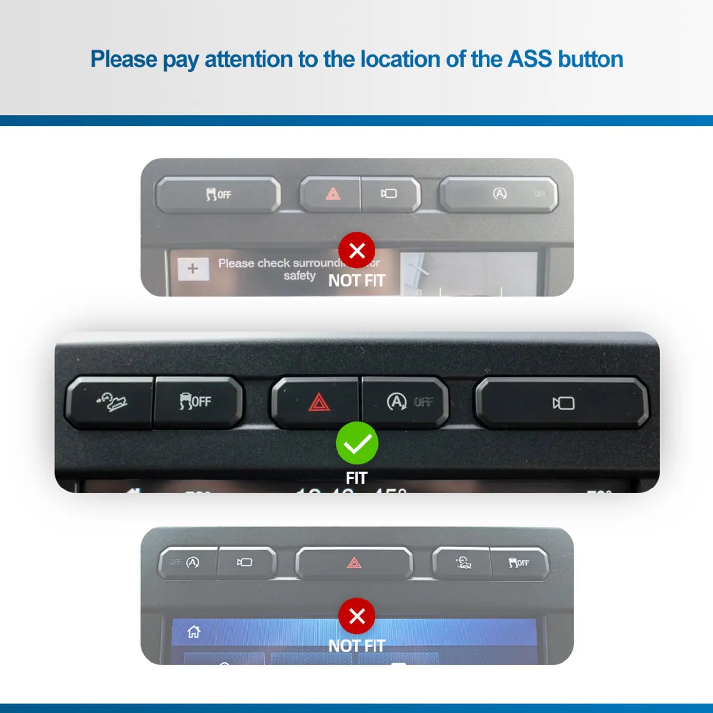 Compatibility chart for ASS Disable Bypass module showing which car control panel layouts are compatible (green check) and which are not (red cross).