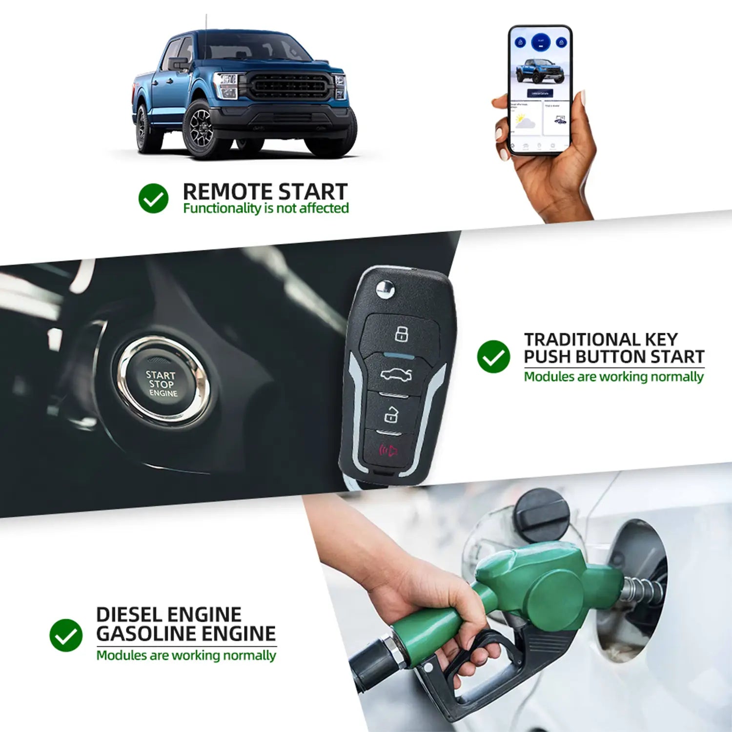 Blue pickup truck with remote start functionality via smartphone app, traditional key push button start, compatible with diesel and gasoline engines, all modules working normally.