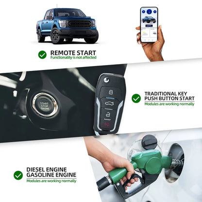 Blue pickup truck with remote start functionality via smartphone app, traditional key push button start, compatible with diesel and gasoline engines, all modules working normally.