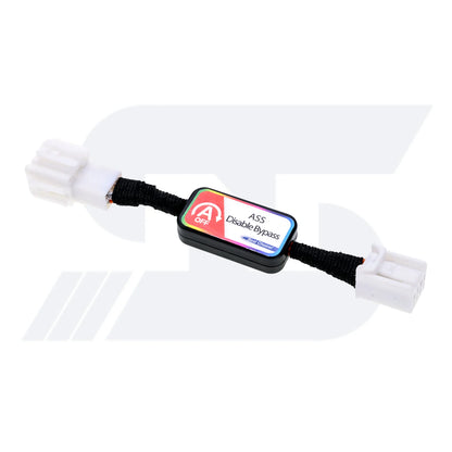 A black electronic module with a red and white label reading "ASS Disable Bypass" and "A-OFF," connected to white connectors via a braided cable.