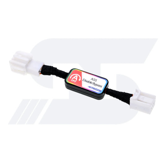 A black electronic module with a red and white label reading "ASS Disable Bypass" and "A-OFF," connected to white connectors via a braided cable.