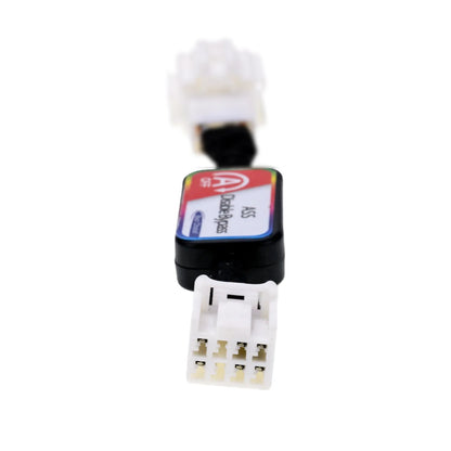A black electronic module with a red and white label reading "ASS Disable Bypass" and "A-OFF," connected to white connectors via a braided cable. It shows its interior with a 6-pin white female connector.