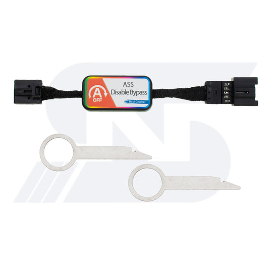 A black bypass module for disabling vehicle auto start-stop system, labeled "ASS Disable Bypass", with two metal removal tools included. The wiring harness has two black rectangle connectors.