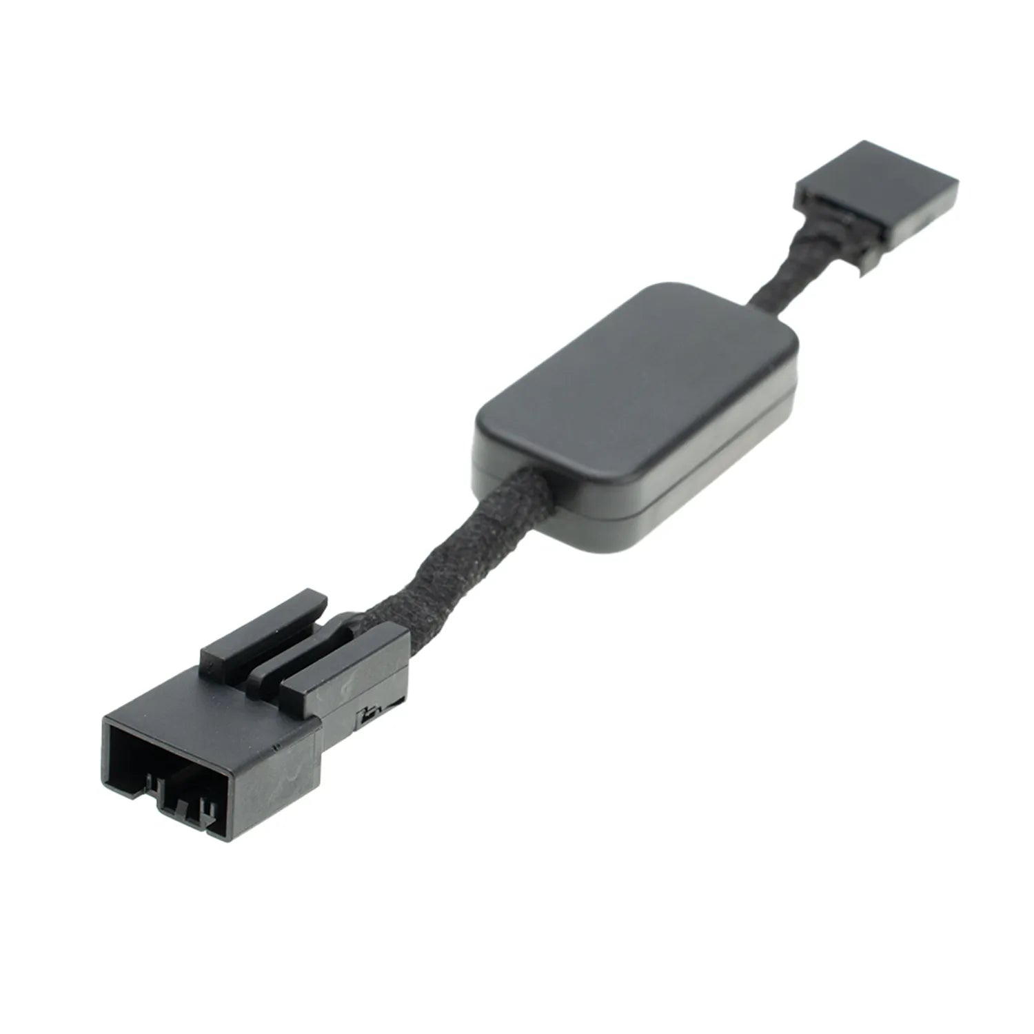 A black disabler with a rectangular module in the middle, featuring connectors at both ends for device connectivity.
