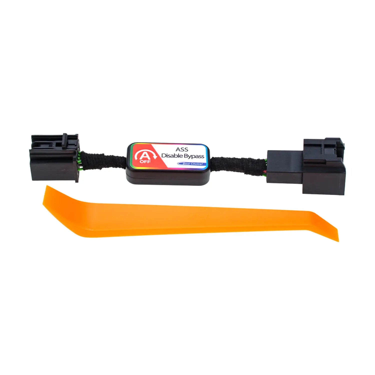 Black cable with a multicolored label reading "ASS Disable Bypass," featuring a switch and connectors. An orange plastic removal tool is included in the package.