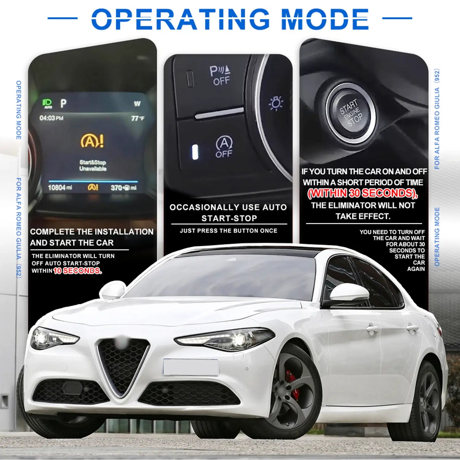 White Alfa Romeo Giulia shown with operating mode instructions, displaying start-stop system controls and usage guidelines.