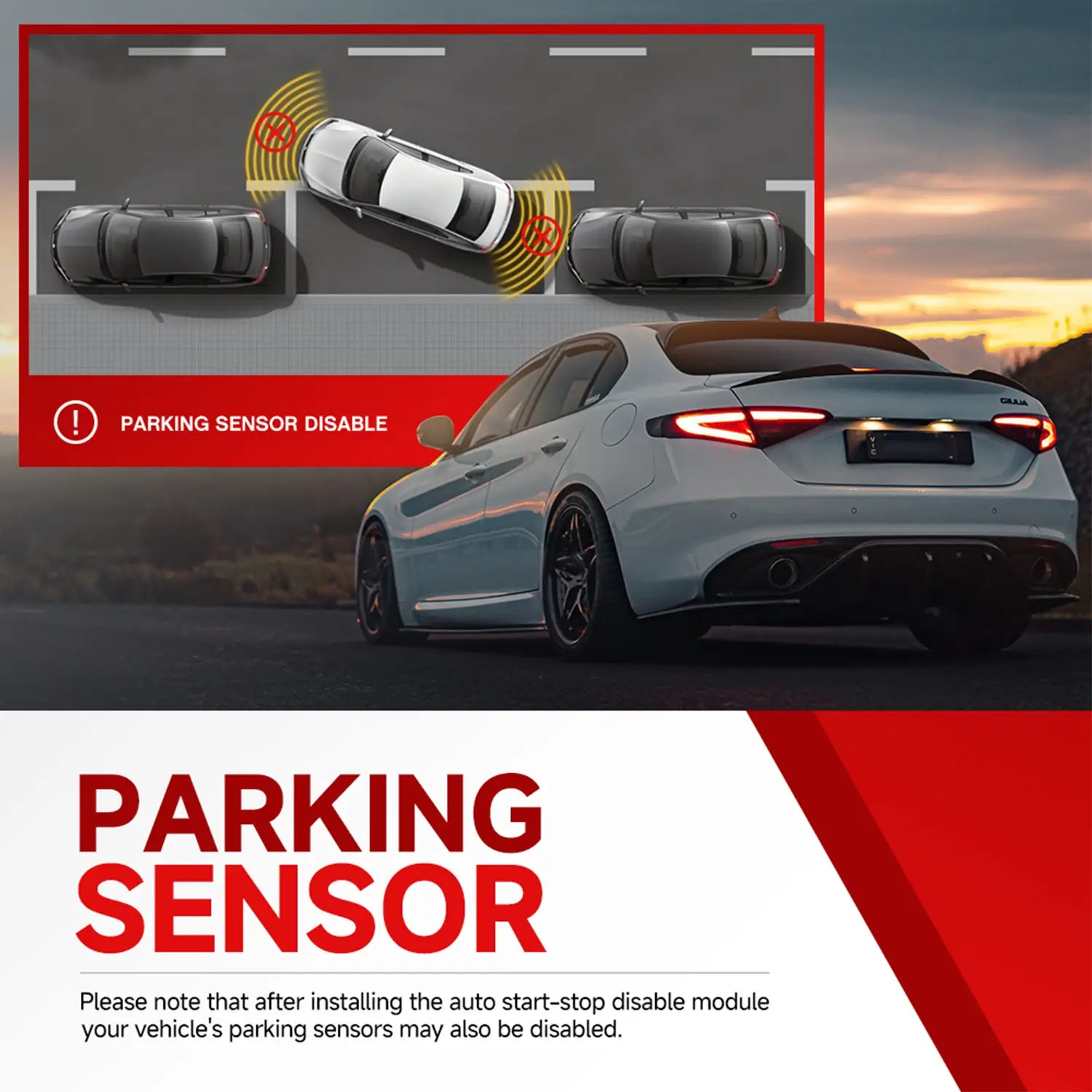 Car with warning: parking sensors may be disabled after installing auto start-stop module. Diagrams show sensor functionality.