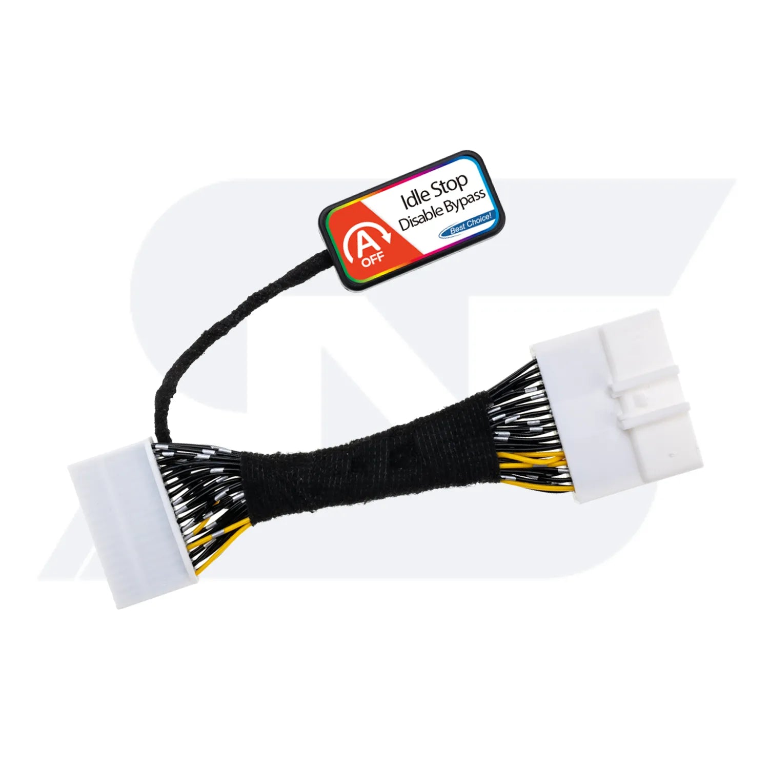 The image shows an "Idle Stop Disable Bypass" device with connectors and wiring, used to disable a vehicle's automatic engine stop-start feature.