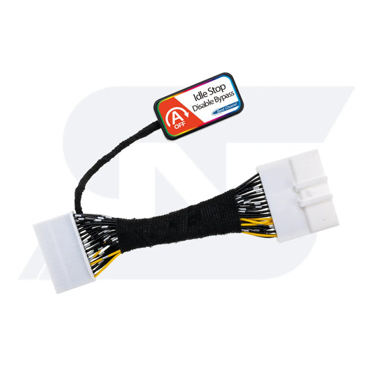 The image shows an "Idle Stop Disable Bypass" device with connectors and wiring, used to disable a vehicle's automatic engine stop-start feature.