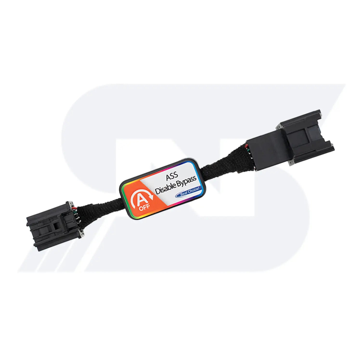 The image shows an auto electronic connector cable with two plugs. It has a label indicating "ASS Disable Bypass" and "Best Choice". The cable is encased in a black braided sheath.