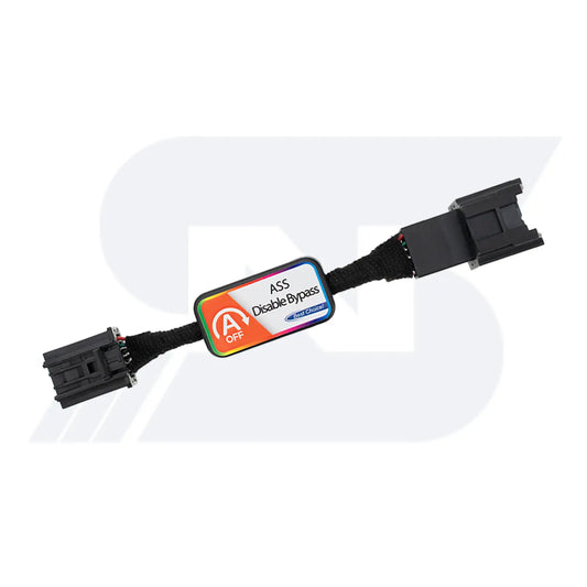 The image shows an auto electronic connector cable with two plugs. It has a label indicating "ASS Disable Bypass" and "Best Choice". The cable is encased in a black braided sheath.