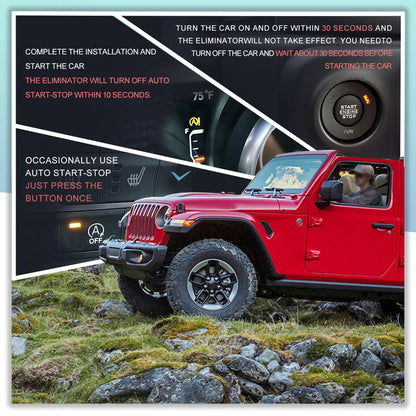 Instructional diagram showing red Jeep on rocky terrain with text boxes explaining auto start-stop system eliminator installation and usage.