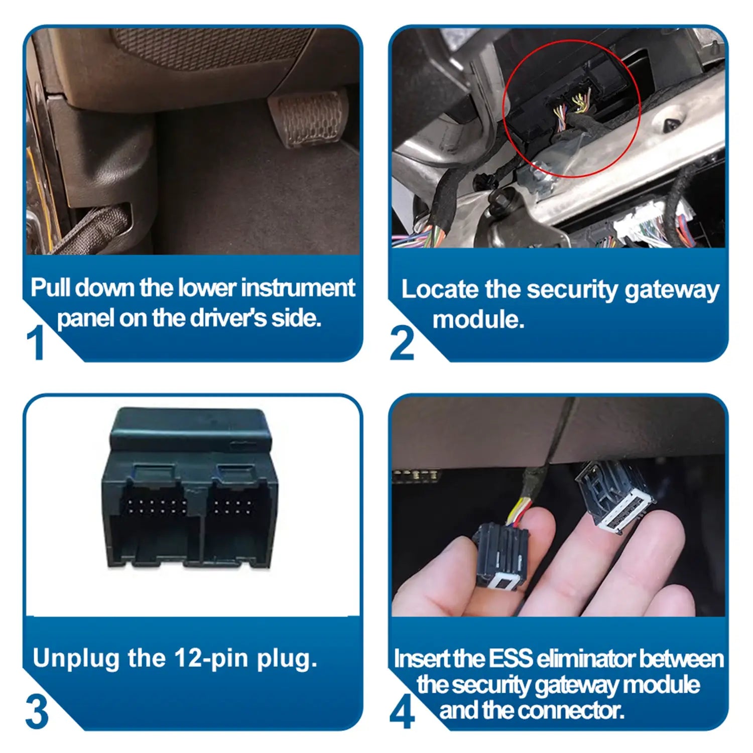 Four-step instructional guide for installing car ESS eliminator: access security gateway module, unplug 12-pin connector, insert eliminator between components.