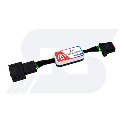 Automotive electronic module with ASS disable bypass function, featuring toggle switch between "A" and "OFF" positions, connected by black cables with black connectors at both ends.