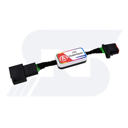 Automotive electronic module with ASS disable bypass function, featuring toggle switch between "A" and "OFF" positions, connected by black cables with black connectors at both ends.