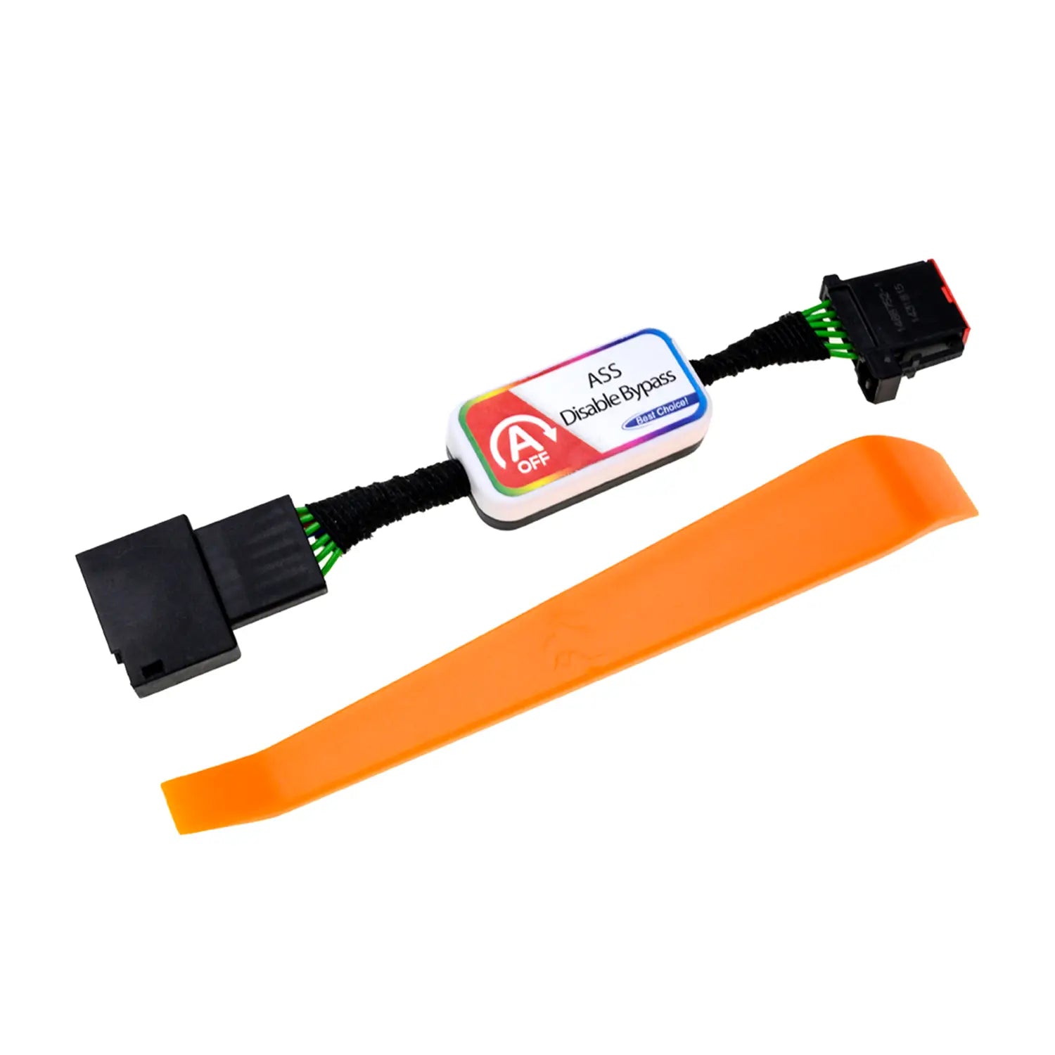 Automotive electronic module with ASS disable bypass function, featuring toggle switch between "A" and "OFF" positions, connected by black cables with black connectors at both ends. An orange plastic removal tool is included in the package.