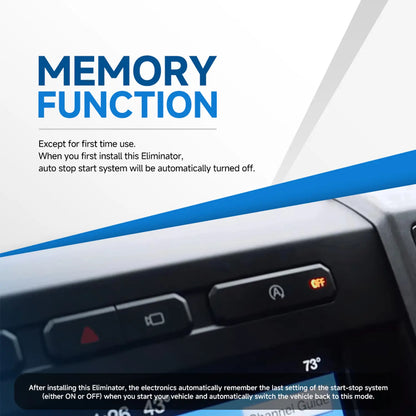 The car's start-stop system eliminator remembers the last setting (on/off) after initial installation. Initially, the system is off.
