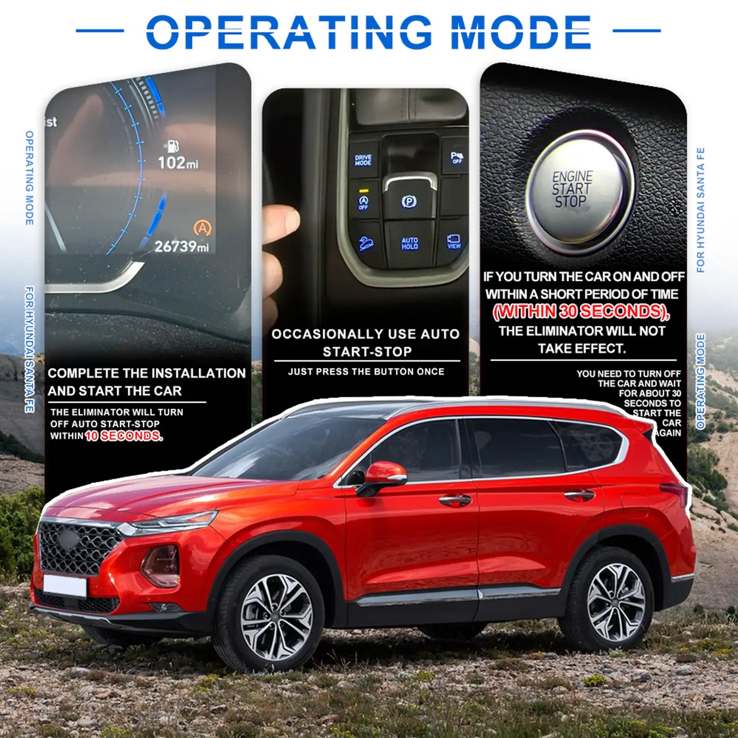 Operating mode instructions for Hyundai Santa Fe showing red SUV, control panels, and start-stop function guidelines.