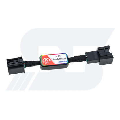 A black automotive bypass module labeled "ASS Disable Bypass" with "A OFF" indicator, featuring two connectors and a rainbow-colored label for vehicle electrical system integration.