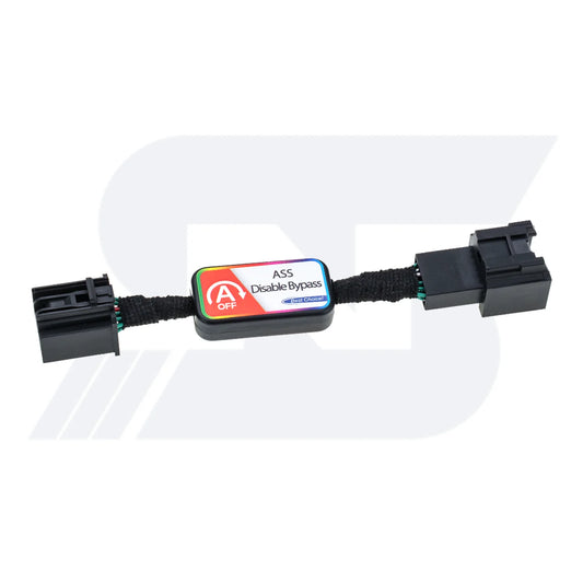 A black automotive bypass module labeled "ASS Disable Bypass" with "A OFF" indicator, featuring two connectors and a rainbow-colored label for vehicle electrical system integration.