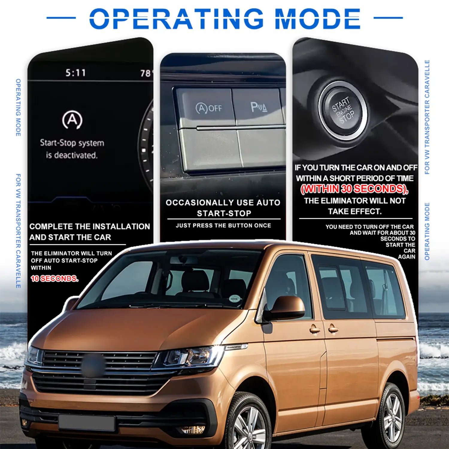Operating mode instructions for Volkswagen Transporter Caravelle, showing start-stop system deactivation and occasional use tips.