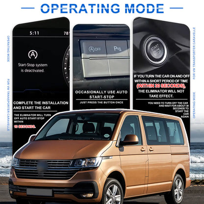 Operating mode instructions for Volkswagen Transporter Caravelle, showing start-stop system deactivation and occasional use tips.