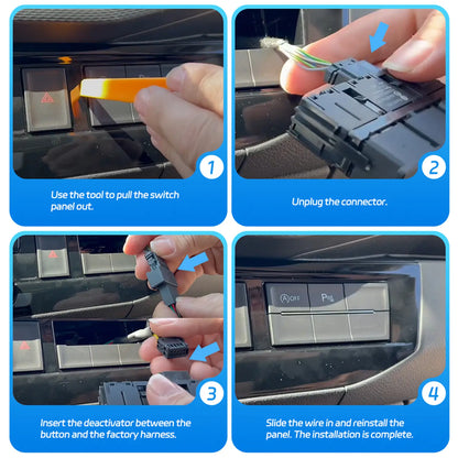 How to install the disabler on VW Transporter: Use tool to pull panel, unplug connector, insert deactivator between button and harness, slide wire in, and reinstall panel.