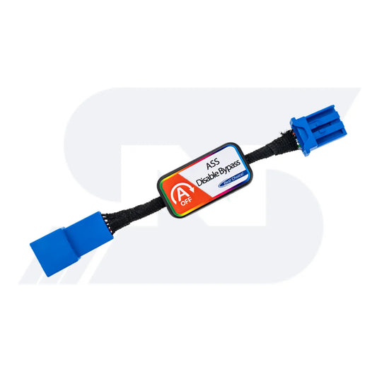 A rectangular ASS Disable Bypass module with colorful labeling, featuring two connectors and a toggle switch marked "OFF" for disabling vehicle systems.