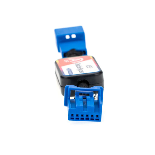 A rectangular ASS Disable Bypass module with colorful labeling, featuring two connectors and a toggle switch marked "OFF" for disabling vehicle systems. There is a blue 12-pin female connector on one end.