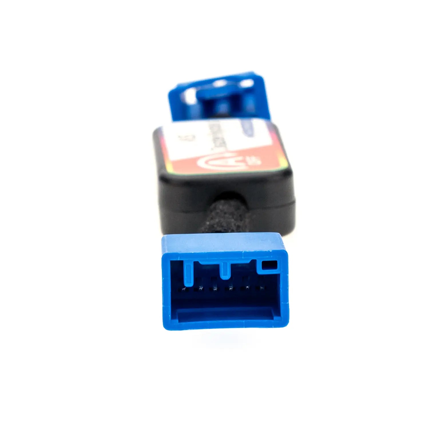 A rectangular ASS Disable Bypass module with colorful labeling, featuring two connectors and a toggle switch marked "OFF" for disabling vehicle systems. There is a blue 6-pin male connector on one end.