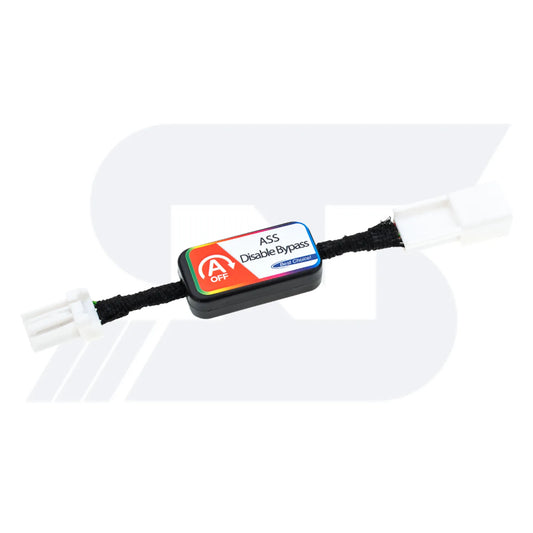 A black ASS Disable Bypass device, white connectors, "A OFF" and "First Choice" labels, for vehicle use.
