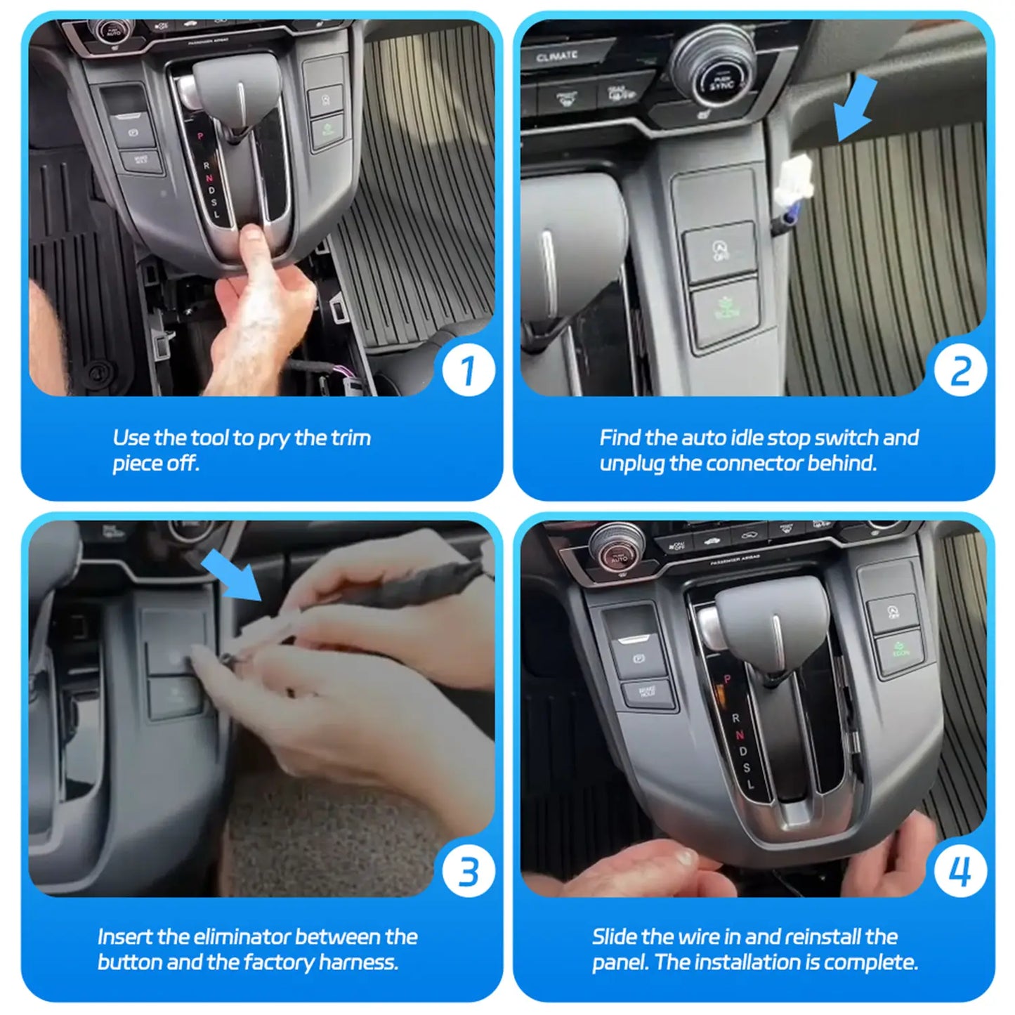 Four-step instructional guide for automotive Eliminator installation: remove trim, unplug connector, insert Eliminator between button and harness, reinstall panel.
