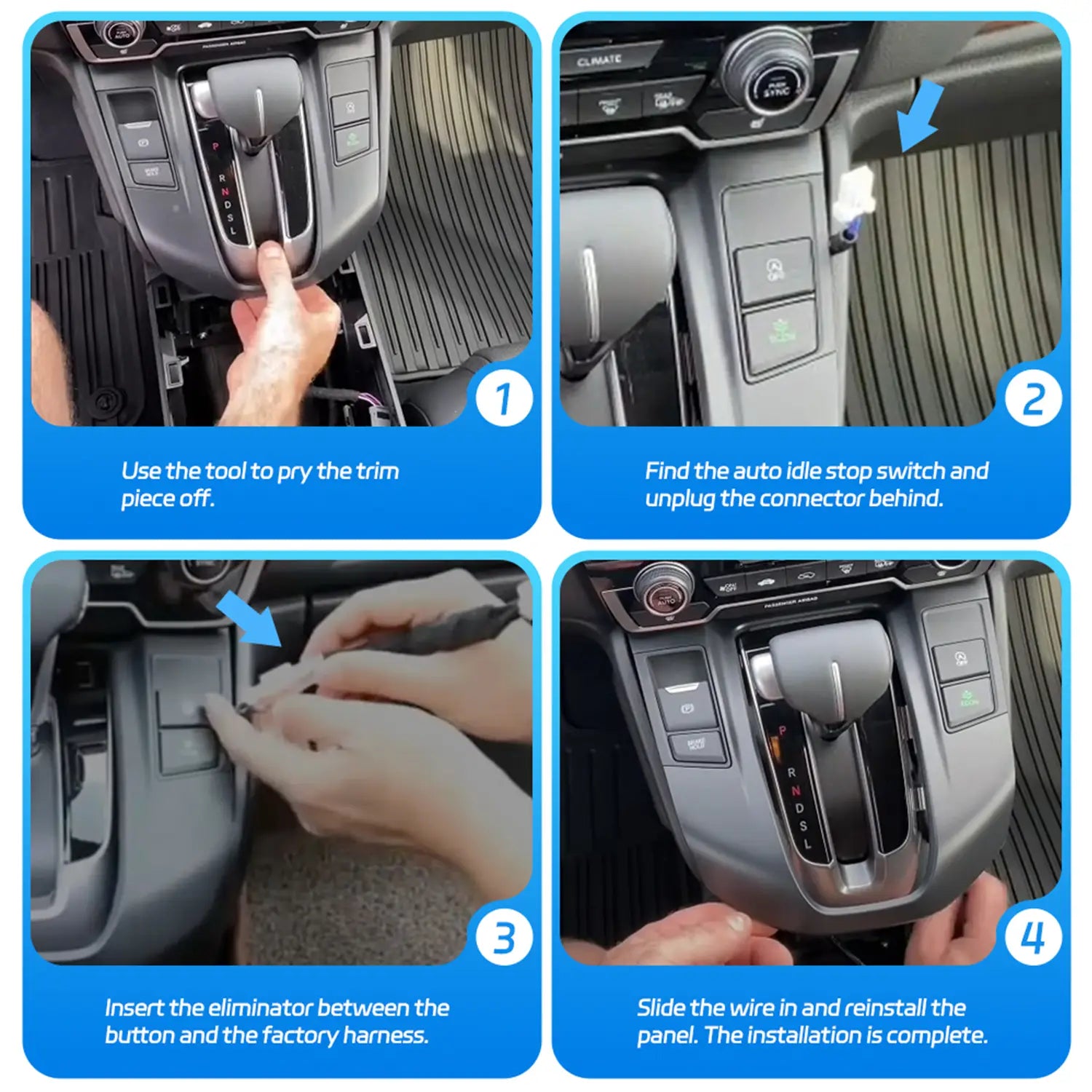 Four-step instructional guide for automotive Eliminator installation: remove trim, unplug connector, insert Eliminator between button and harness, reinstall panel.
