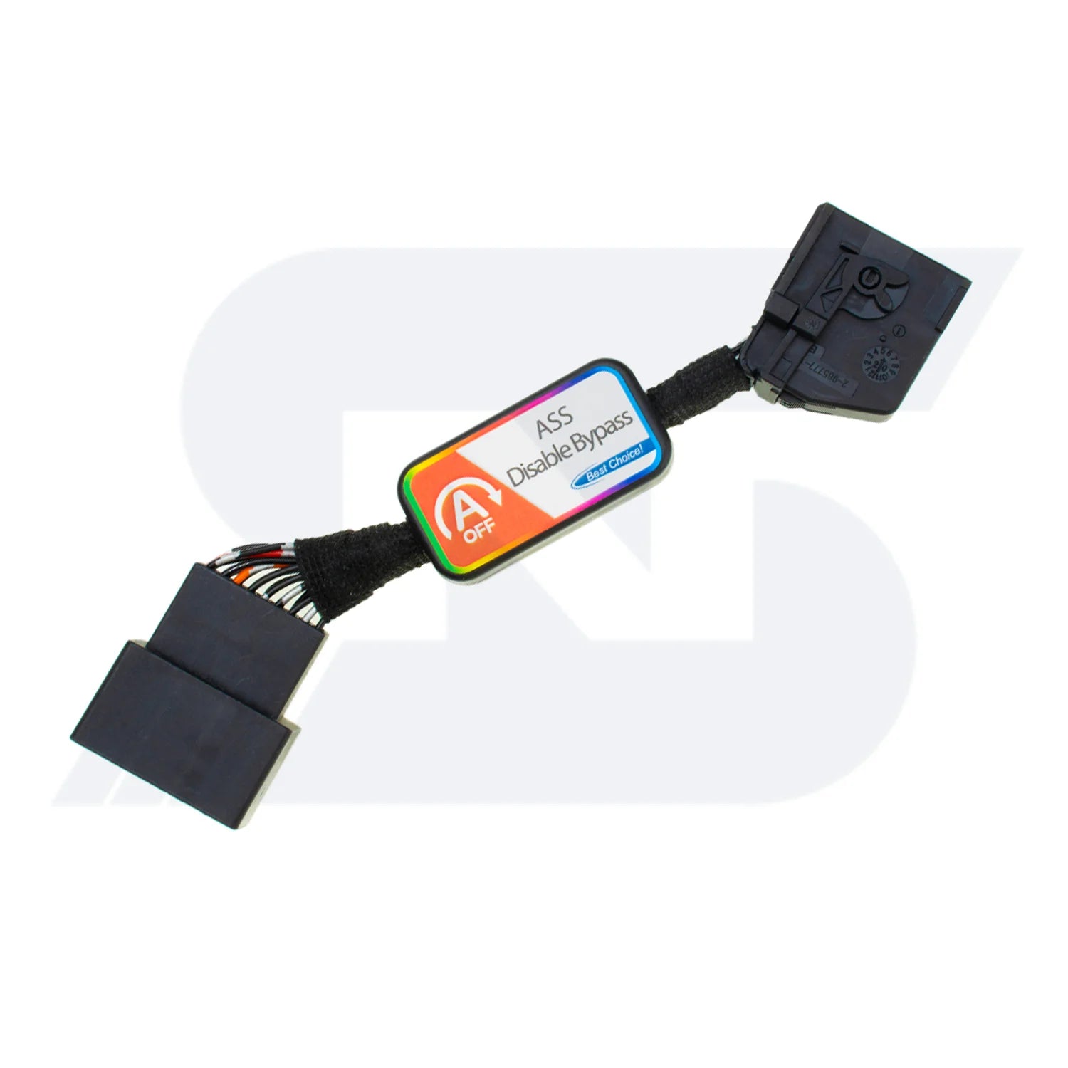 An automotive bypass module labeled "ASS Disable Bypass" with a colorful indicator, featuring a square connector on one end and a multi-wire plug on the other.