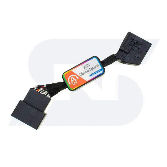 An automotive bypass module labeled "ASS Disable Bypass" with a colorful indicator, featuring a square connector on one end and a multi-wire plug on the other.