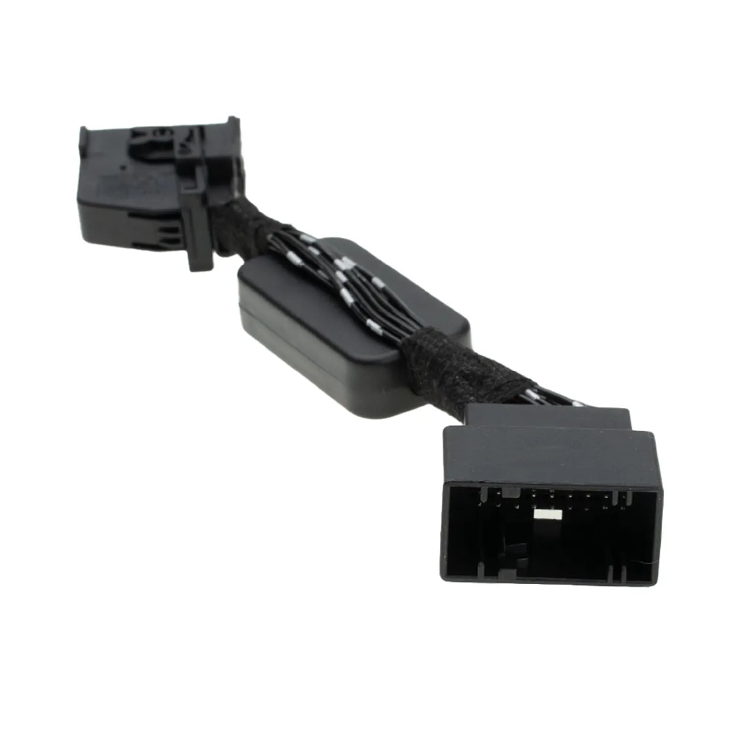 An automotive bypass module features a square connector on one end and a multi-wire 18-pin male plug on the other.