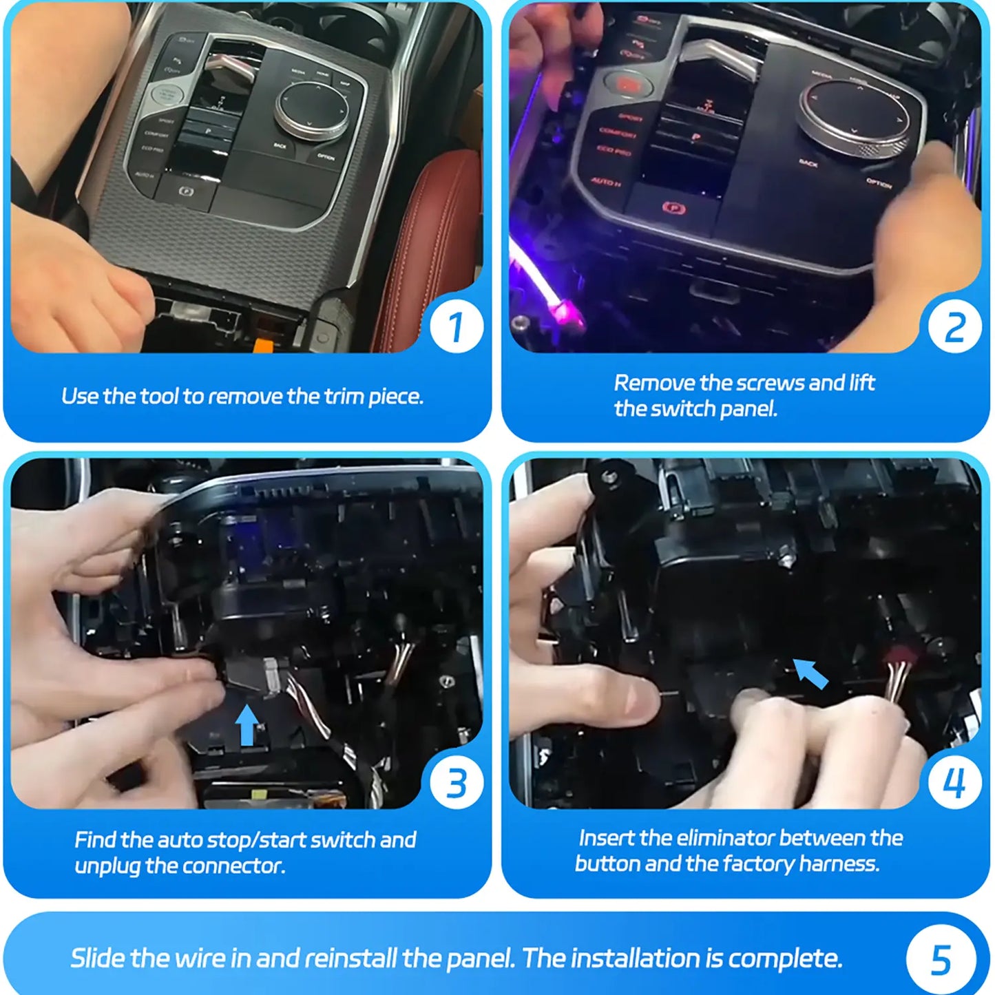 A 5-step guide to disabling auto stop/start in a car: remove trim, access switch, insert bypass module between button and harness, then reinstall panel.