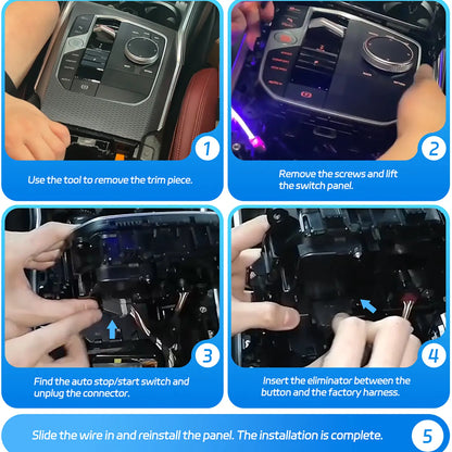 A 5-step guide to disabling auto stop/start in a car: remove trim, access switch, insert bypass module between button and harness, then reinstall panel.