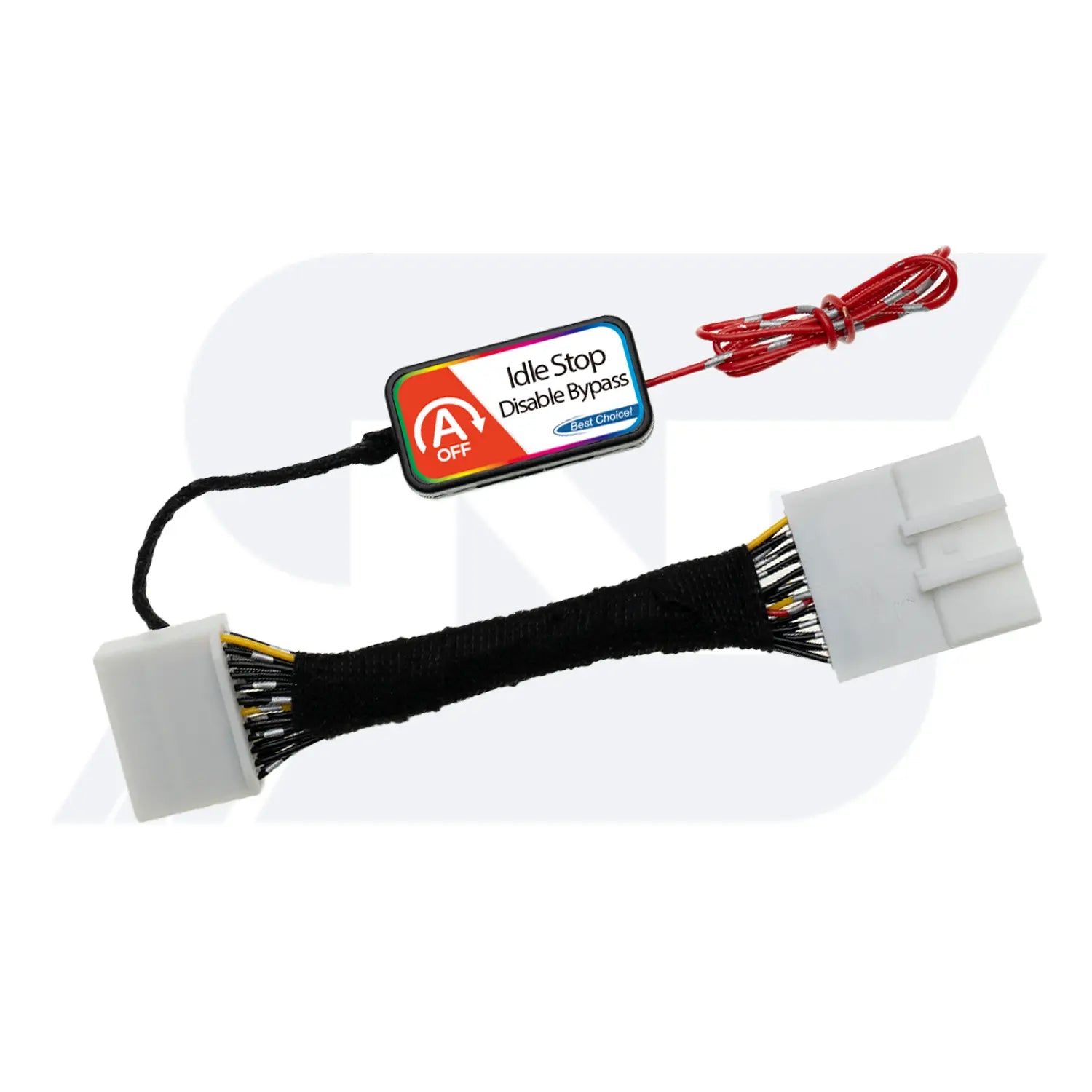 Idle Stop Disable Bypass device with two white connectors, a black module labeled 