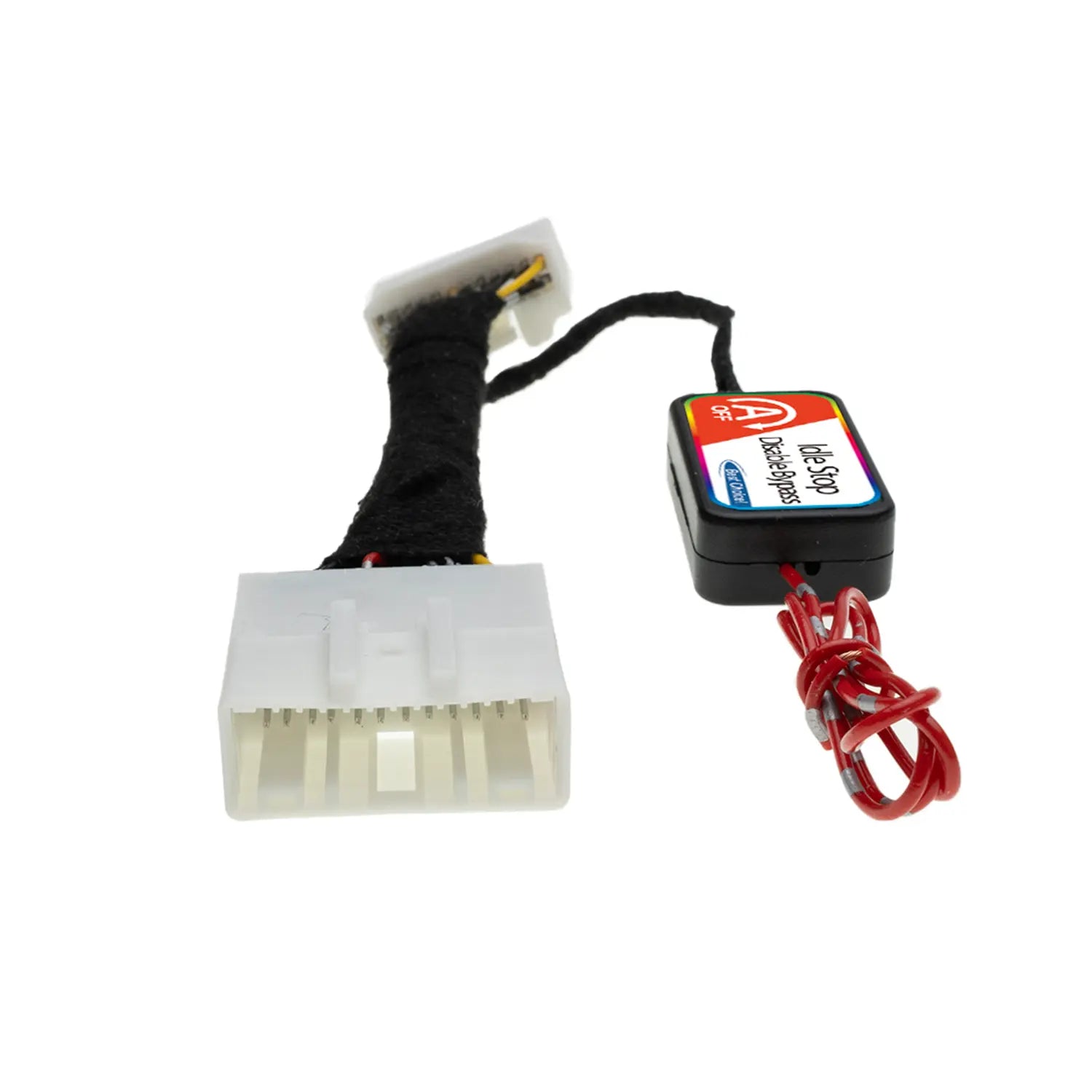 An automotive wiring harness with two white connectors and a black control module labeled “Idle Stop Delete/Bypass,” used to disable vehicle idle stop-start systems.