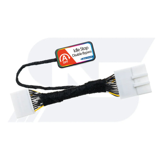An Idle Stop Disable Bypass device with two white connectors and a black control module, used to deactivate a vehicle’s automatic start-stop engine feature.