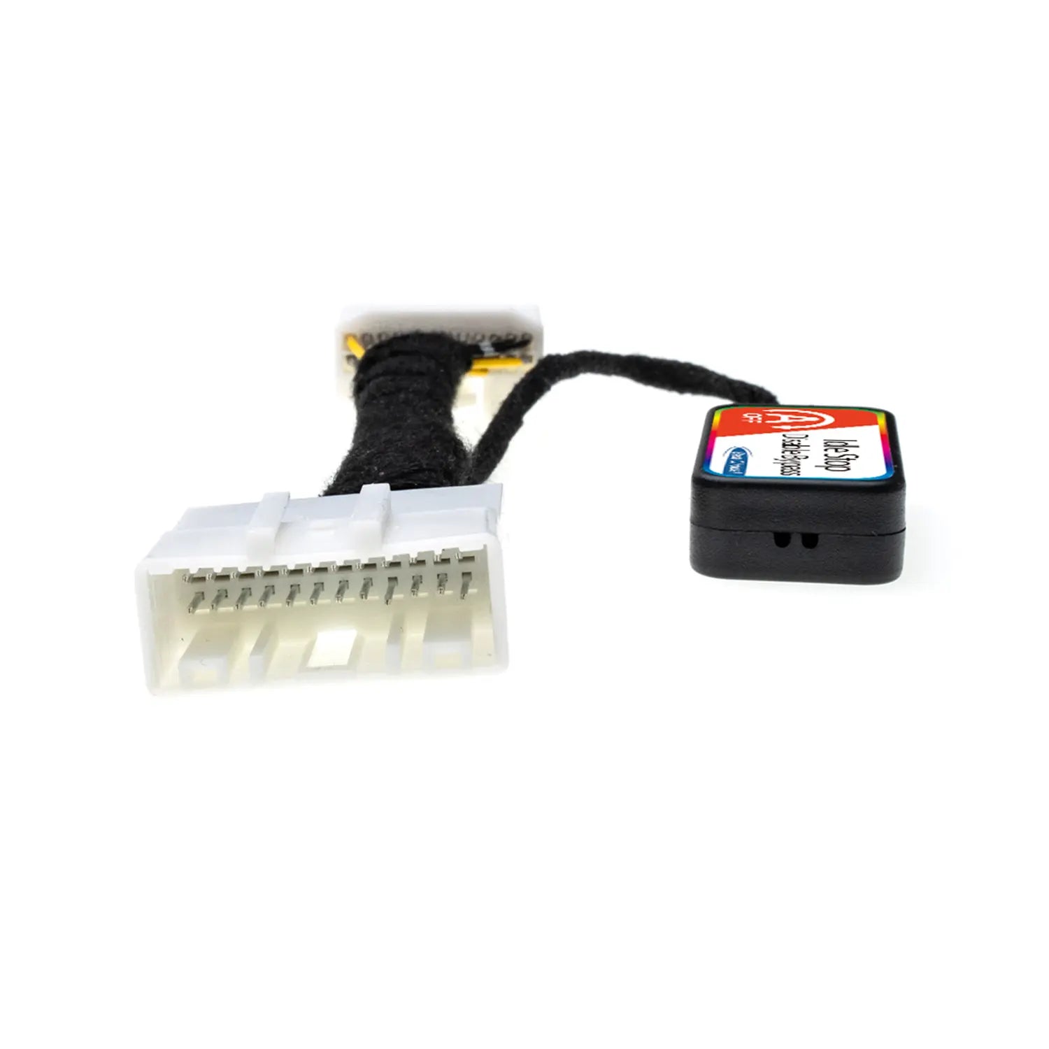 Idle Stop Disable Bypass device featuring a compact control module and two white multi-pin connectors, designed to deactivate a vehicle’s automatic engine stop-start system.