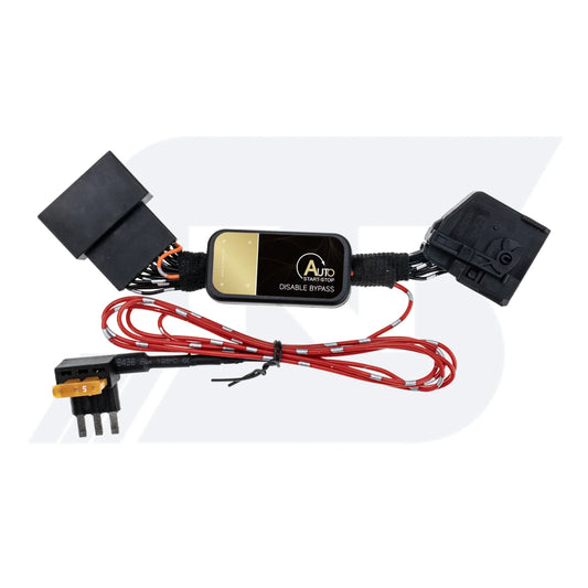 A black auto start-stop disable bypass module with gold label, black connectors, red/black wires and a fuse tap.