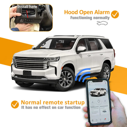White SUV with normal remote startup via smartphone app; hood open alarm functioning normally, no effect on car function.