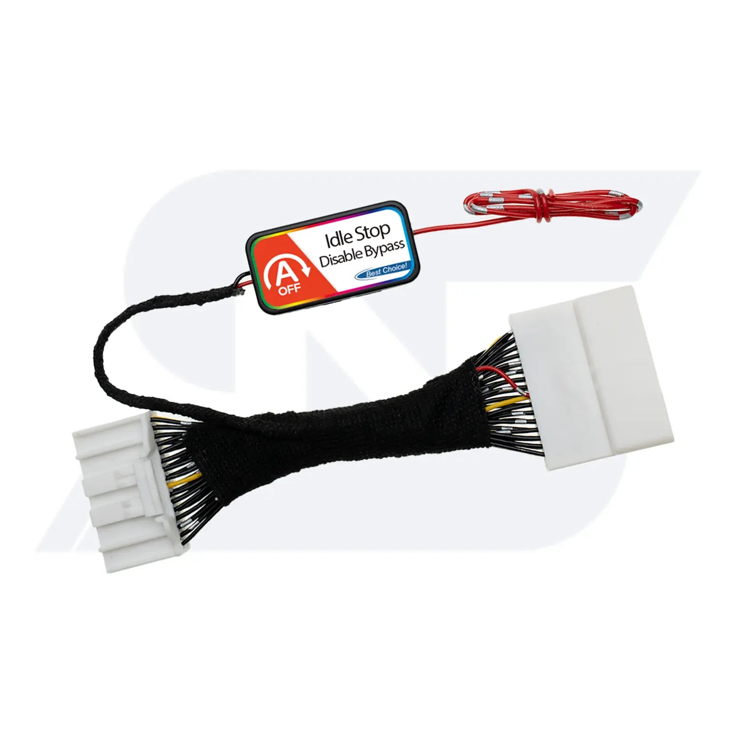 Idle Stop Disable Bypass device featuring two white multi-pin connectors, a wrapped wiring harness, and a labeled control module with red wire for easy vehicle integration.