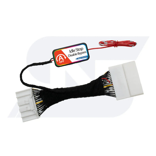 Idle Stop Disable Bypass device featuring two white multi-pin connectors, a wrapped wiring harness, and a labeled control module with red wire for easy vehicle integration.