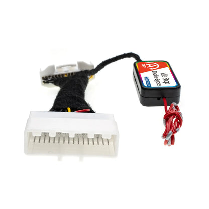 Automotive Idle Stop Disable Bypass device with two white multi-pin connectors, a black wrapped cable, and a labeled control module featuring a red wire for installation.