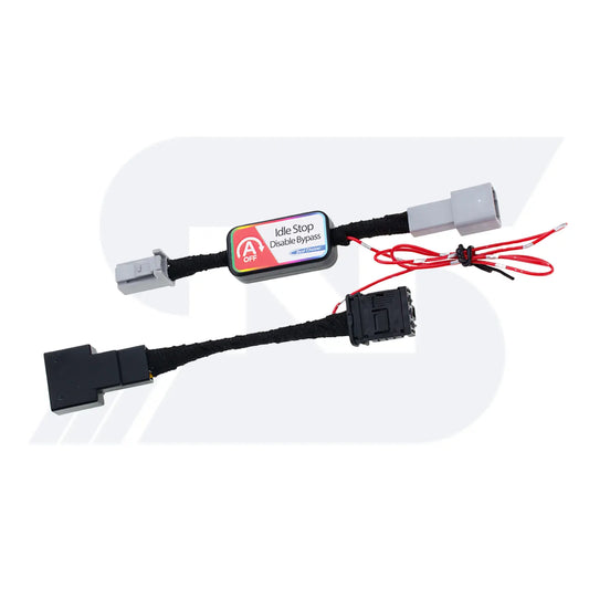 A black device labeled "Idle Stop Disable Bypass" with red and purple text, featuring two connectors and wires attached at both ends.